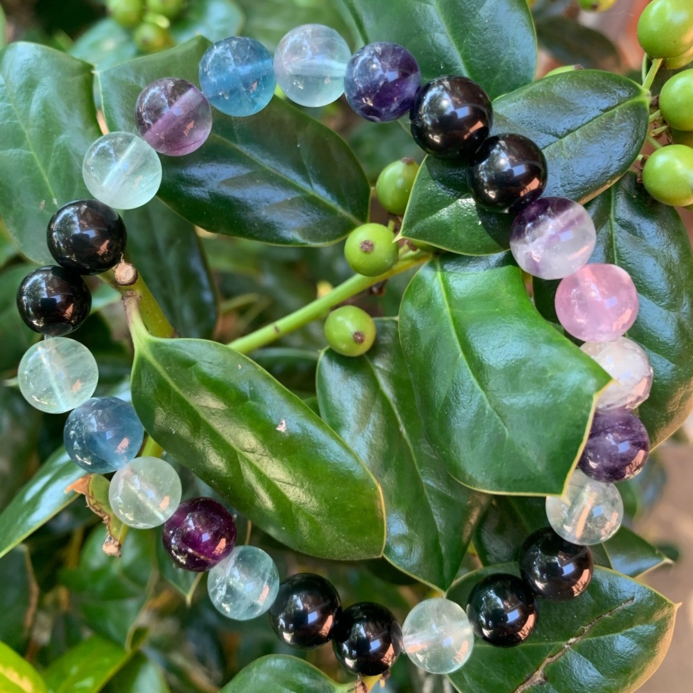 Handmade Rainbow Fluorite/Black Obsidian Bracelet
